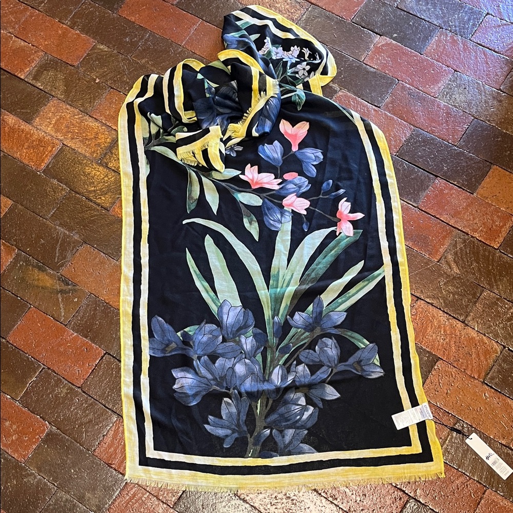 Chico's Black and Yellow Floral Scarf 74” X 25” NWT